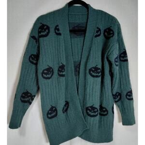Pumpkin Print Cardigan Sweater Green Graphic Print Knit Size M